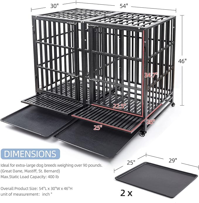 54 inch Heavy Duty Indestructible and Escape-Proof Dog Crate Cage Kennel for Large Dogs, High Anxiety Dog Crate with Removable Wire Trays and Wheels, Extra Large XL XXL