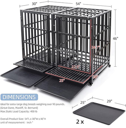 54 inch Heavy Duty Indestructible and Escape-Proof Dog Crate Cage Kennel for Large Dogs, High Anxiety Dog Crate with Removable Wire Trays and Wheels, Extra Large XL XXL