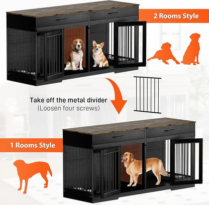 Rophefx 72" Dog Crate Furniture for 2 Dogs, Large Dog Kennel Furniture with 2 Storage Drawers and 4 Bowls, Wooden Dog Cage with Removable Divider, Indoor Dog House TV Stand for Medium Dog, Black