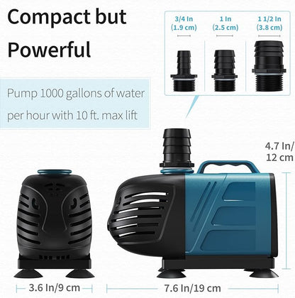 Uniclife Aquarium 1000 GPH Submersible and Inline Water Pump 80W 10ft High Lift AC 120 V Quiet Return Pump with 10 ft. Power Cord for Large Fish Tanks Pond Waterfalls Fountains Sumps and Gardens