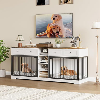 82 Double Dog Crate Furniture, Large Dog Kennel Indoor for 2 Dogs, Heavy Duty Wooden Dog Crate TV Stand with 4 Drawers and Shelves, White