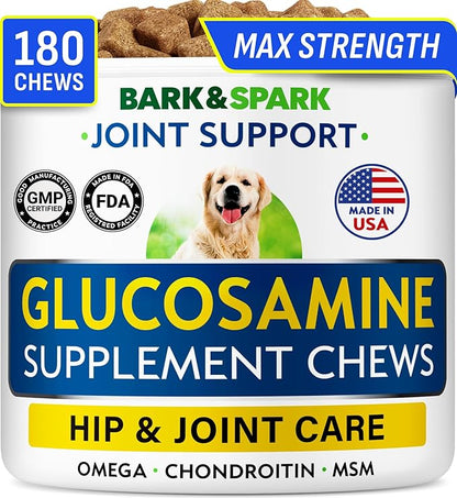 Bark&Spark Glucosamine Chondroitin Dog Hip & Joint Supplement - Joint Pain Relief - Hip & Joint Chews - Joint Support Large Small Breed - Senior Doggie Vitamin Pill Joint Health (180 Treats - Chicken)