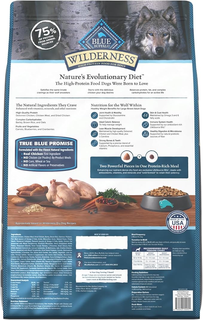 Blue Buffalo Wilderness Natural High-Protein Healthy Weight Dry Food for Large Breed Adult Dogs, Chicken Recipe, 24-lb. Bag