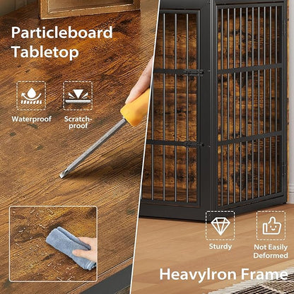 Rovibek 48 Inch Large Dog Crate with 2 Height Adjustable Dog Bowls 360° Rotatable, Cage Furniture for Large/Extra Large Dog Crate Indoor as End Table, Heavy Duty Dogs Kennel, Brown