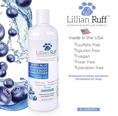 Lillian Ruff Berry Blue Brightening Face & Body Conditioner + Waterless Blueberry Shampoo for Dogs & Cats - Tear Free Blueberry Set- Hydrate Dry Skin, Add Shine & Luster to Coats - Made in USA
