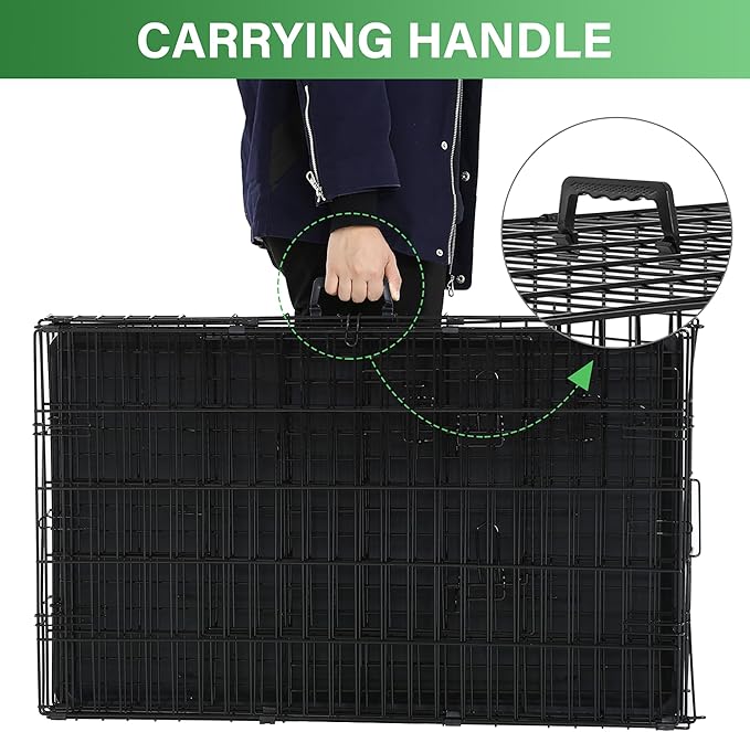 24/7 Shop at Home Gossamer Metal Double Door Folding Wire Pet Crate with Divider, Removable Tray, and Handle for Outdoor and Indoor Medium Dog, 42-inch, Black