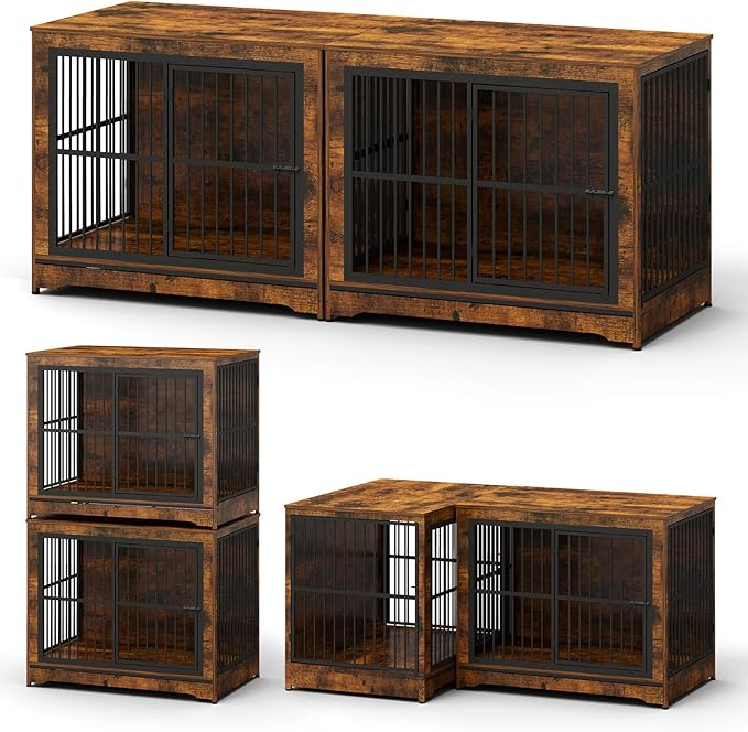 86 Inch Double Dog Crate Furniture with Divider, 4 Combination Forms Large Dog Kennel Furniture for 2 Dogs, Rustic Brown Corner Dog Kennel for Small Medium Large Dogs