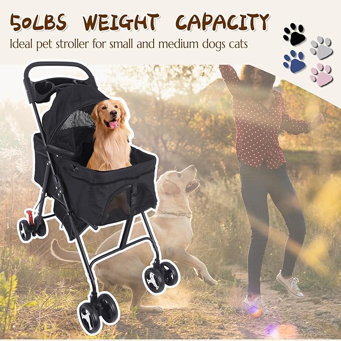 3 in 1 Dog Stroller, 4 Wheels Pet Stroller Dog Cat Stroller for Medium Small Dog Cats Up to 50lbs, Foldable Carrier Jogger Travel Puppy Stroller with Cup Holder & Breathable Mesh, Black
