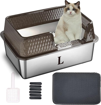 Suhaco Stainless Steel Litter Box Side Entry, Kitty Black Litter Mat and White Scoop Included Covered Metal High Sided Large Cat Litter Box with Lid Removable Enclosure for Medium Cats (Black)