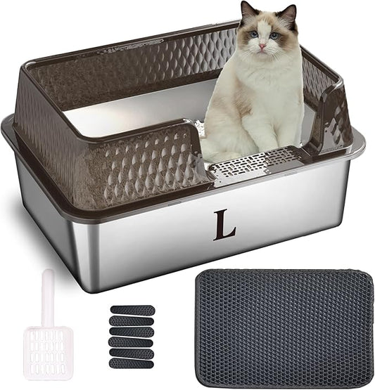 Suhaco Stainless Steel Litter Box Side Entry, Kitty Black Litter Mat and White Scoop Included Covered Metal High Sided Large Cat Litter Box with Lid Removable Enclosure for Medium Cats (Black)