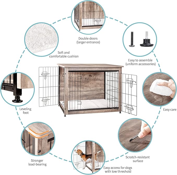 DWANTON Dog Crate Furniture with Cushion, Wooden Dog Crate with Double Doors, Dog Furniture, Indoor Dog Kennelï¼_nd Table, Medium, 32.5" L, Greige