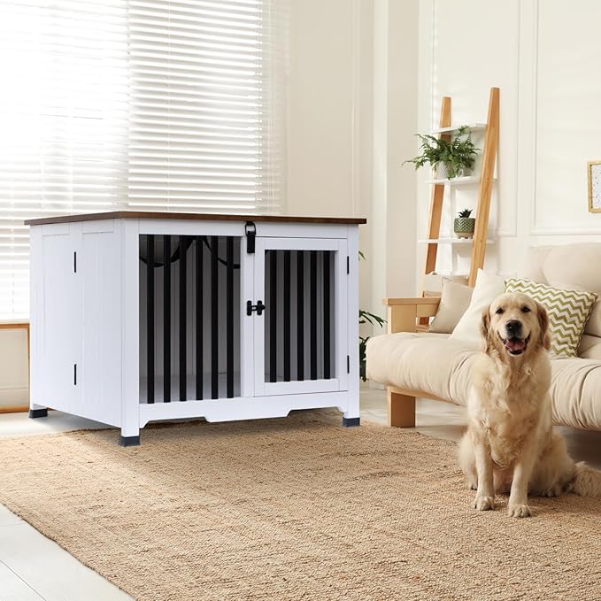 Wooden Dog Crate Furniture,Foldable and Portable Dog Kennel Furniture Indoor,Decorative Dog Crate End Table No Assembly.(Large,White)