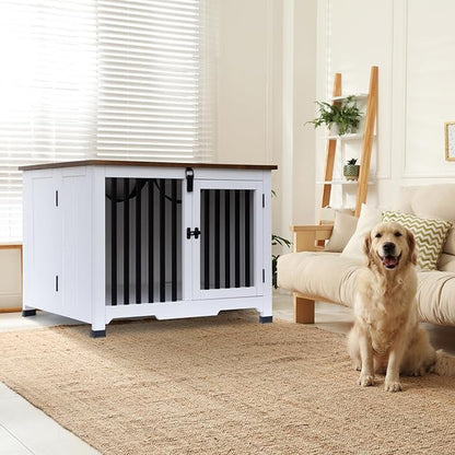 Wooden Dog Crate Furniture,Foldable and Portable Dog Kennel Furniture Indoor,Decorative Dog Crate End Table No Assembly.(Large,White)