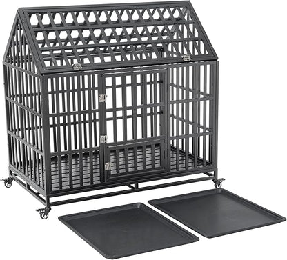48inch Metal Heavy Duty Dog Cage with Door and Roof Doors of 2 Patent Latches,Pet Crate Doggy Kennel,w/ 2 Plastic Pans & 4 Lockable Caster Wheels,for Large or Medium Size Pets,Black