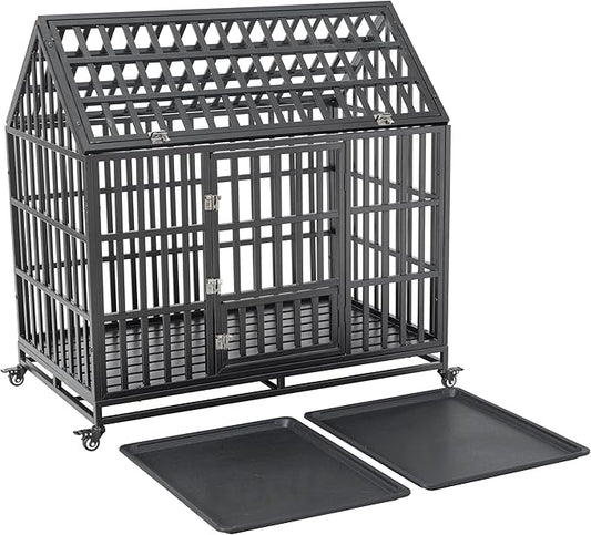 48inch Metal Heavy Duty Dog Cage with Door and Roof Doors of 2 Patent Latches,Pet Crate Doggy Kennel,w/ 2 Plastic Pans & 4 Lockable Caster Wheels,for Large or Medium Size Pets,Black