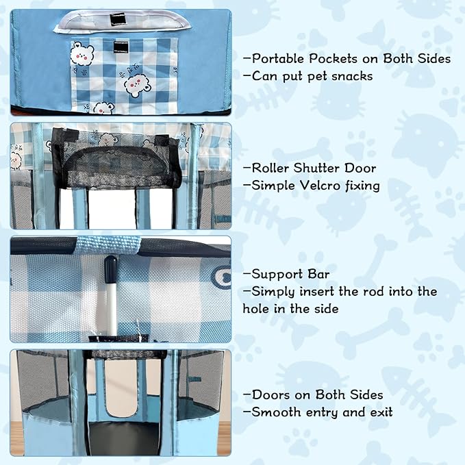 Portable Pet Playpen, Foldable Collapsible Cats Exercise Enclosure Kennel Tents Cat Delivery Isolation Room Dog Crates House Great for Indoor Outdoor Travel Use Pets Kitten Rabbit(Small,Blue)