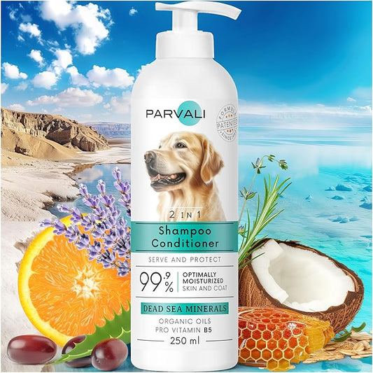 2 in 1 Natural Dead Sea Dog Shampoo & Conditioner (250 ml, 8.45 fl oz). Unique Odor-Neutralizing Blend. Minerals Rich, Anti-Oxidative, Antiseptic Formula for Gentle, Easy Application. Enjoy!