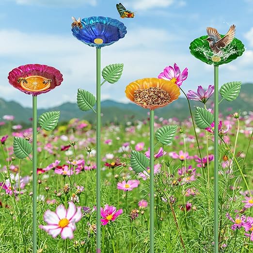 4Pcs Bee Watering Station, Metal Bird Water Feeder Butterfly Bath Bowl, Colorful Flower Shape Pollinator Watering Stake for Outdoor Yard Garden Decor (Red,Green,Blue,Yellow)