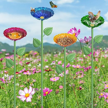 4Pcs Bee Watering Station, Metal Bird Water Feeder Butterfly Bath Bowl, Colorful Flower Shape Pollinator Watering Stake for Outdoor Yard Garden Decor (Red,Green,Blue,Yellow)