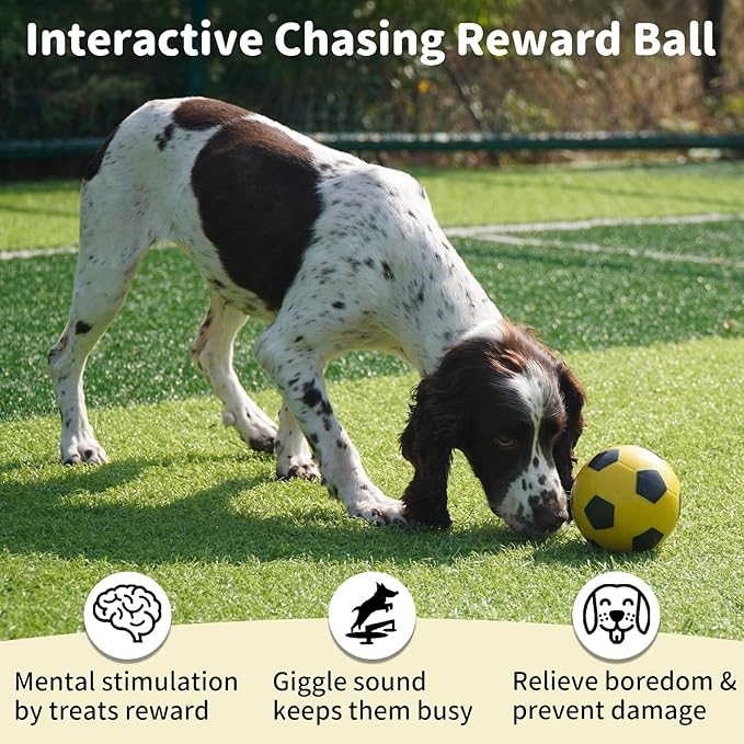 Interactive Dog Toys Treat Dispensers - Giggle Squeaky Dog Soccer Ball Rewards Puzzle to Keep Them Busy, Mental Stimulation Enrichment Food Dispensing for Small Medium Large Breeds, Yellow