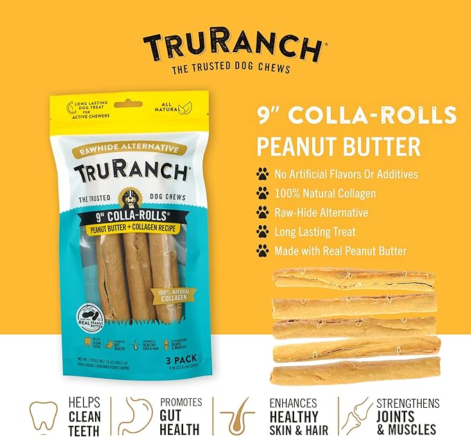 TRURANCH Collagen Rolls - 9" Collagen Rolls for Dogs - Long Lasting Healthy Joint Support - Rawhide Alternative - Skin & Coat Health - Made with Real Peanut Butter, Value Pack, 15 Bags, 45 Count