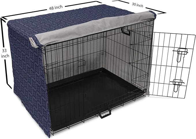 Ambesonne Abstract Geometry Dog Crate Cover, Style Motifs in Squares Rhythmic Arrangement, Easy to Use Pet Kennel Cover for Medium Large Dogs, 48 Inch, Blue White
