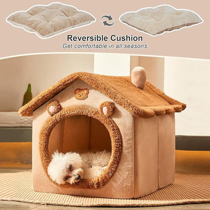 JIUPETY Cute Cat Beds for Indoor Cats, Foldable Cat House with Non-Slip Bottom, S Size Kitten Bed Up to 8 Lbs Kitty, Brown