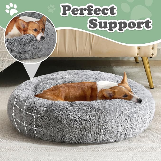 JOLLYVOGUE Dog Beds, Calming Small Dog Bed, Anti-Anxiety Dog Bed for Small Dogs, Fluffy Donut Dog Bed, Cozy Dog Cat Cushion Bed for Small Medium Dogs (24")