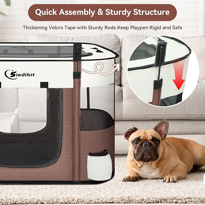 Dog Cat Playpen28/31/35in, Pet Puppy Portable Playpens for Outdoor Travel Crate, Indoor After Surgery Use, Foldable Dog Kennel Tent for Rabbit or Small Animals and Tent Stakes(Brown, Small)