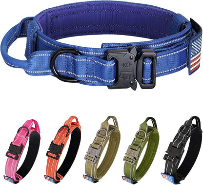 KCUCOP Tactical Dog Collar, Heavy Duty Dog Collar with Handle and Metal Buckle, Military Thick Dog Collars for Medium and Large Dogs(DarkBlue-XL-Reflective, 1 Patch)