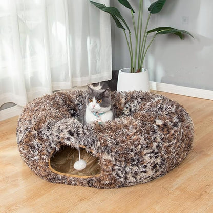 LUCKITTY Warm Fluffy Plush Cat Dog Tunnel Bed with Washable Cushion- Big Tube Playground Toys 3 FT Diameter Collapsible, for Indoor Cat Kitty Kitten Puppy Rabbit Ferret Leopard Print