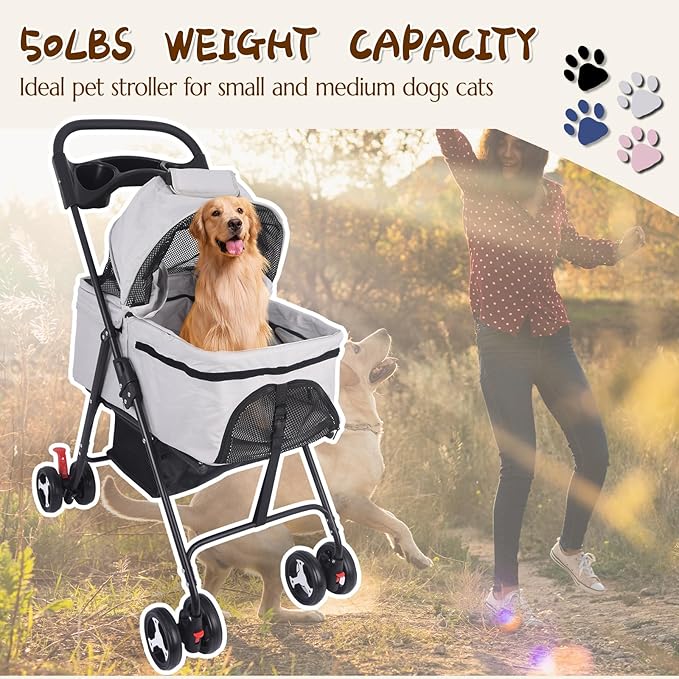 3 in 1 Dog Stroller, 4 Wheels Pet Stroller Dog Cat Stroller for Medium Small Dog Cats Up to 50lbs, Foldable Carrier Jogger Travel Puppy Stroller with Cup Holder & Breathable Mesh, Grey