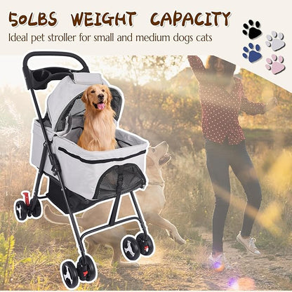 3 in 1 Dog Stroller, 4 Wheels Pet Stroller Dog Cat Stroller for Medium Small Dog Cats Up to 50lbs, Foldable Carrier Jogger Travel Puppy Stroller with Cup Holder & Breathable Mesh, Grey