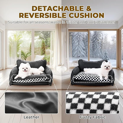 BurgeonNest Cat Couch Bed & Dog Sofa Bed for Small Dogs & Cats up to 15lbs, Double Layer Cushion Extra Comfort, Leather & Plush Material Scatch-Resistant, Waterproof, Black