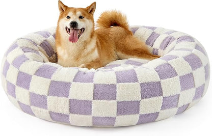 Lesure Donut Large Dog Bed - Round Cat Beds for Indoor Cats Anti-Anxiety Calming Pet Beds, Washable Cute Modern Beds with Teddy Sherpa Plush & Anti Slip Bottom Purple