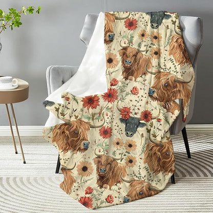 Aesthetic High Land Cow Throw Blanket - Soft Plush, Lightweight, Warm, Fuzzy Anti-Pilling Flannel Blanket for Bedroom, Couch, Travel, Sofa - Comfy 80in_60in