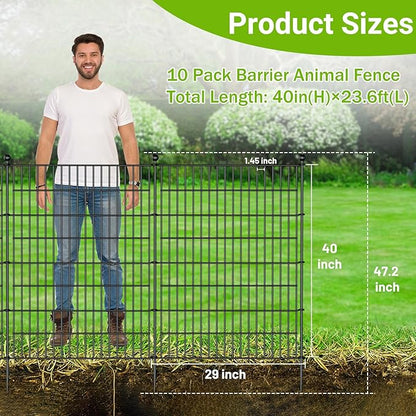 10 Panels No Dig Decorative Outdoor Garden Fence with Gate for Yard, 40 in(H) X 23.6 ft(L) Animal Barrier Fencing Rustproof Metal Wire Panel Border for Dog, Rabbits, and Patio Temporary Ground Stakes