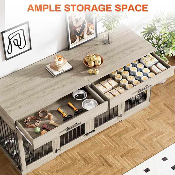 Rophefx 72" Dog Crate Furniture for 2 Dogs, Large Double Dog Kennel Indoor Furniture with 2 Storage Drawers and Removable Divider, Wooden Dog Cage with 4 Bowls, Dog House TV Stand for Medium Dog, Grey