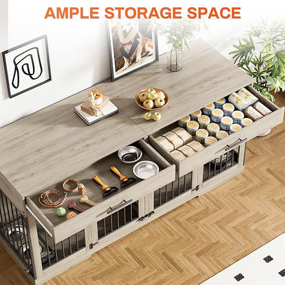 Rophefx 72" Dog Crate Furniture for 2 Dogs, Large Double Dog Kennel Indoor Furniture with 2 Storage Drawers and Removable Divider, Wooden Dog Cage with 4 Bowls, Dog House TV Stand for Medium Dog, Grey
