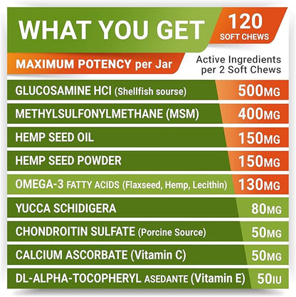 Large Breed Hemp + Glucosamine Dog Joint Supplement - Hemp Chews for Dogs Hip Joint Pain Relief - Omega 3, Chondroitin, MSM - Advanced Mobility Hemp Oil Treats for Large Dogs - Made in USA - 240 Ct
