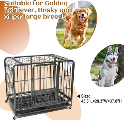 43.3inch Indestructible Metal Dog Crates for Large Dogs, Heavy Duty Escape Proof Dog Kennel Indoor Extra Large Dog Crate with Lockable Wheels, XL Dog Crate 43.3" L x 28.3" W x 37.8" H