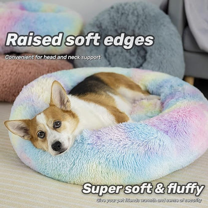 Anti Anxiety Round Fluffy Plush Faux Fur Warm Washable Dog Bed & Cat Bed, Original Bed for Small Medium Large Pets,Used to Relieve Joints and Improve Sleepï¼20"/24"/27''ï¼ (20", Rainbow)