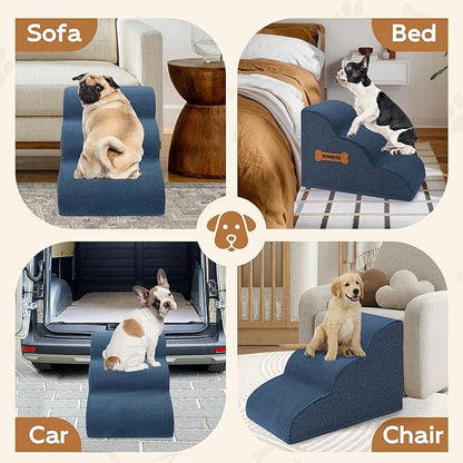 Romrol Dog Stairs Ramp for Beds Couches, Extra Wide Pet Steps with Durable Non-Slip Waterproof Fabric Cover, Pets Slope Stairs, 3-Tiers,Dusty Blue
