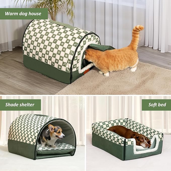 Dog House Indoor, Cozy Dog Cave Bed with Door Curtain, Cushion Mat, Removable and Washable Cover, Multi-Purpose Covered Dog Bed & Cat House for Kitten Puppy Rabbit