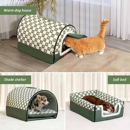 Dog House Indoor, Cozy Dog Cave Bed with Door Curtain, Cushion Mat, Removable and Washable Cover, Multi-Purpose Covered Dog Bed & Cat House for Kitten Puppy Rabbit
