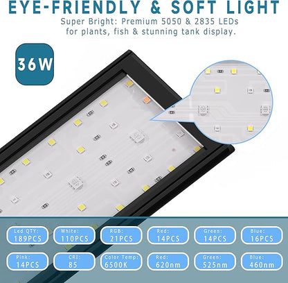 LED Aquarium Light, 24/7 Mode IP68 for Plants-Full Spectrum Fish Tank Light, 45-54 Inch, Sunrise-Daylight-Moonlight, White Blue Red Green Pink LEDs with Extendable Brackets for Freshwater