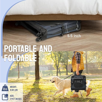 24IN Soft Collapsible Dog Crate w Detachable Wheels, Rolling Travel Dog Crate for Small Breed Dogs, Portable Dog Kennel with Mesh Windows, Indoor & Outdoor Uses