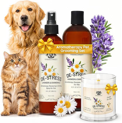 Dog Shampoo and Conditioner Aromatherapy Pet Bundle Set Itchy Skin Relief - De-Stress Dog Grooming Bundle with Dogs Calming Spray Scent Mist, and Pet Odor Eliminator Candle - Lavender & Chamomile