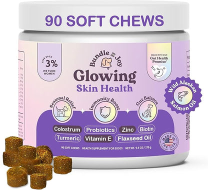 Bundle x Joy Glowing Skin and Coat Supplement for Dogs, 90 Soft Chews, Probiotics for Dogs with Colostrum, Omega 3 Fatty Acids, Salmon Oil, and Turmeric, Supports Seasonal Allergies & Itchiness