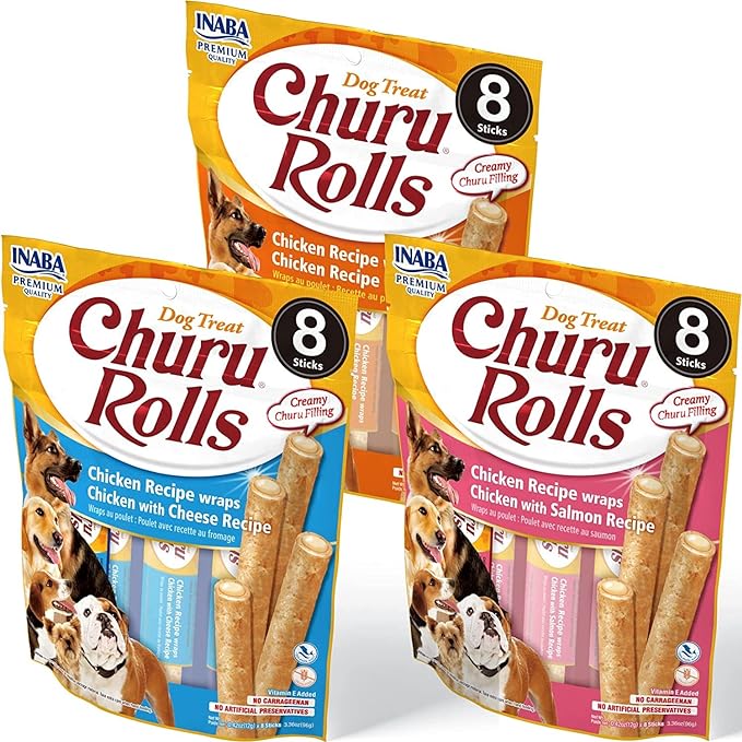 INABA Churu Rolls for Dogs, Grain-Free, Soft/Chewy Baked Chicken Wrapped Churu Filled Dog Treats, 0.42 Ounces Each Stick| 24 Stick Treats Total, 3 Flavor Variety Pack (24 Sticks)